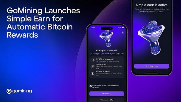 GoMining Simple Earn umožňuje autonomní akumulaci výnosu v Bitcoinech prostřednictvím jednoduché integrace s jedním přepínačem.