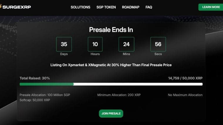 SurgeXRP Presale Accelerates Following XRP Upgrade News, 30% of Soft Cap Filled Before RWA Platform Debut