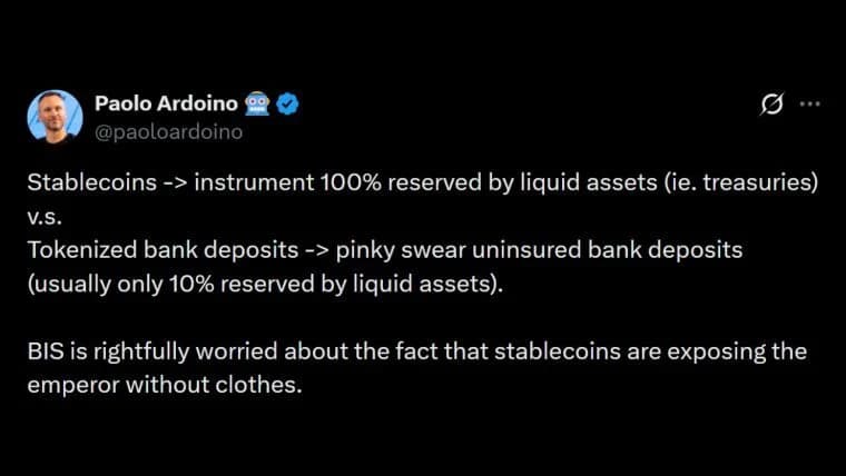 Tethers CEO kritiserer BIS skarpt for at presse på for tokeniserede bankindskud