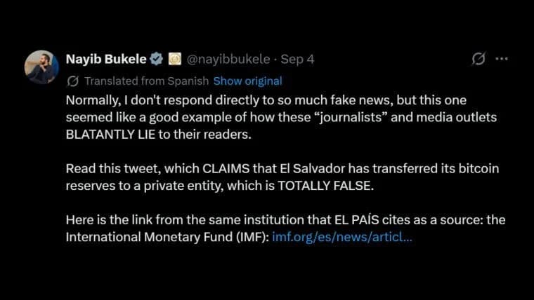 Bukele benekter at El Salvador har overført sin Bitcoin-reserve