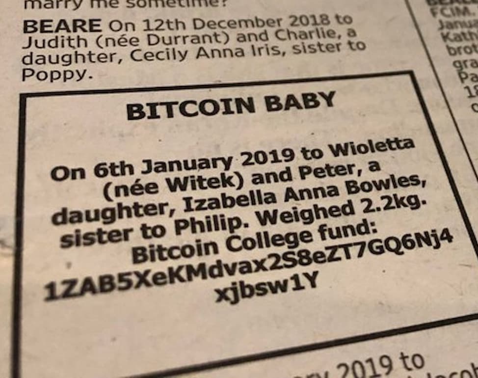 Newspaper Ad Seeks Donations for Bitcoin Baby’s College Fund