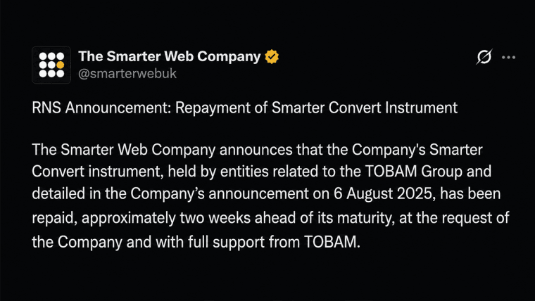 Bitcoin Treasury Firm Smarter Web Sells 177 BTC in Early Debt Repayment Move