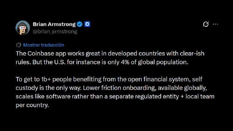 'The Only Way': Coinbase CEO Brian Armstrong Champions Self-Custody to Reach 1 Billion Users