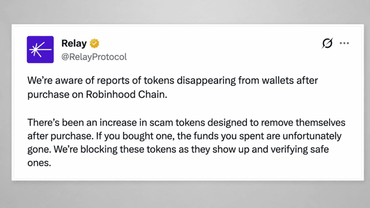 New Chain Hype Meets Old Scam Tactics: Relay Protocol Warns of Robinhood Chain Honeypot Coins