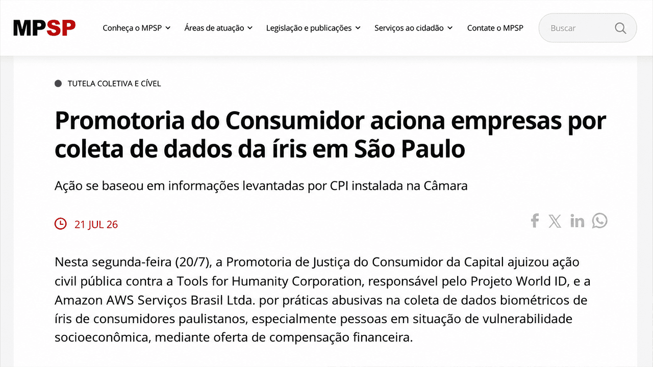 São Paulo Sues World and Amazon AWS for $47 Million Over Abusive Biometric Data Collection