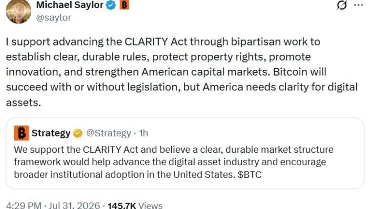 Saylor and Strategy Officially Back CLARITY Act for US Crypto