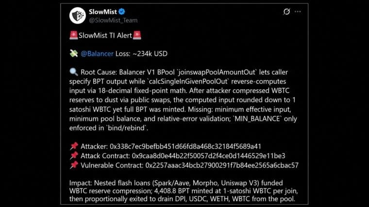 La cartera Balancer V1 ha sido hackeada y se han sustraído 234 000 dólares debido a un fallo de la misma familia