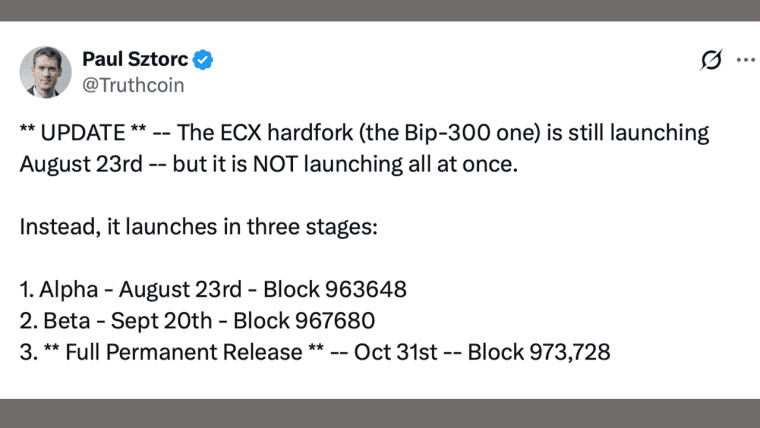 L'hard fork ECX di Bitcoin si frammenta in tre lanci previsti nel mese di ottobre