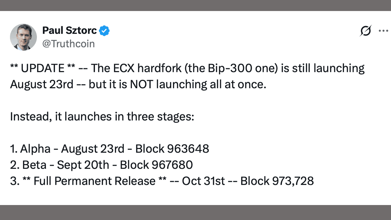Bitcoin’s ECX Hard Fork Splinters Into 3 Launches Through October