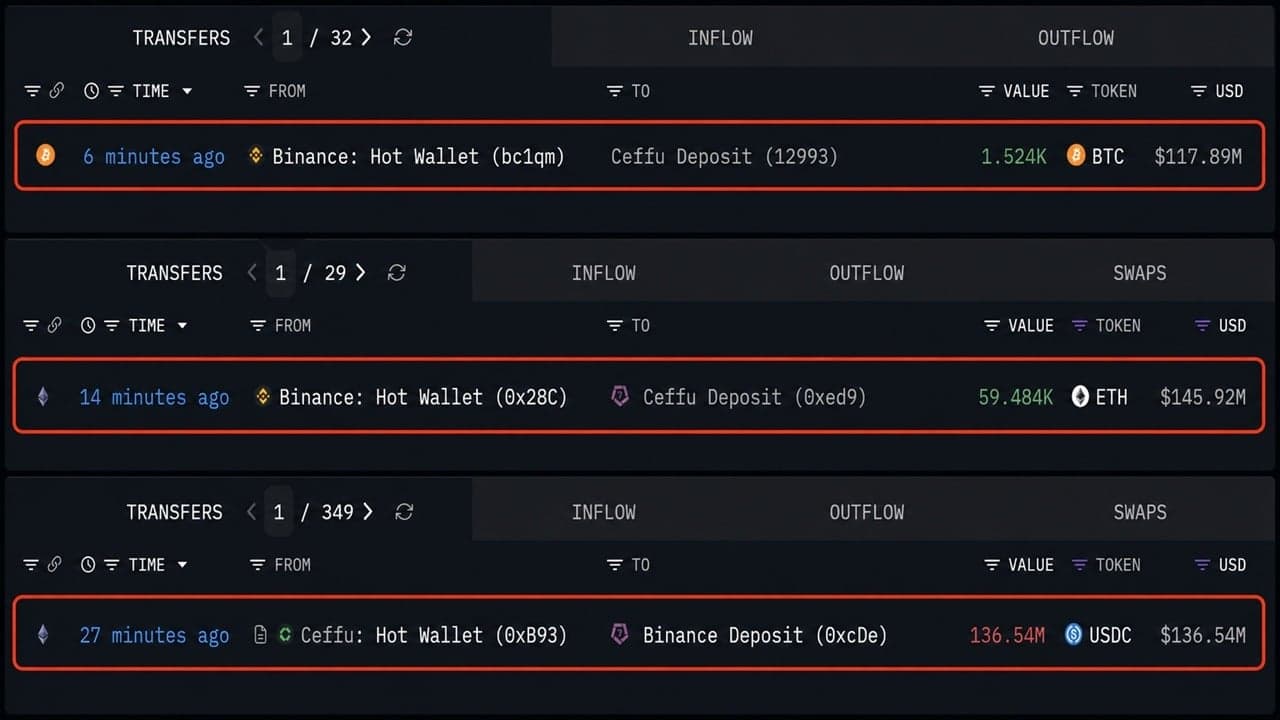 Ceffu Pulls $263 Million in Bitcoin and Ethereum off Binance in 30 Minutes