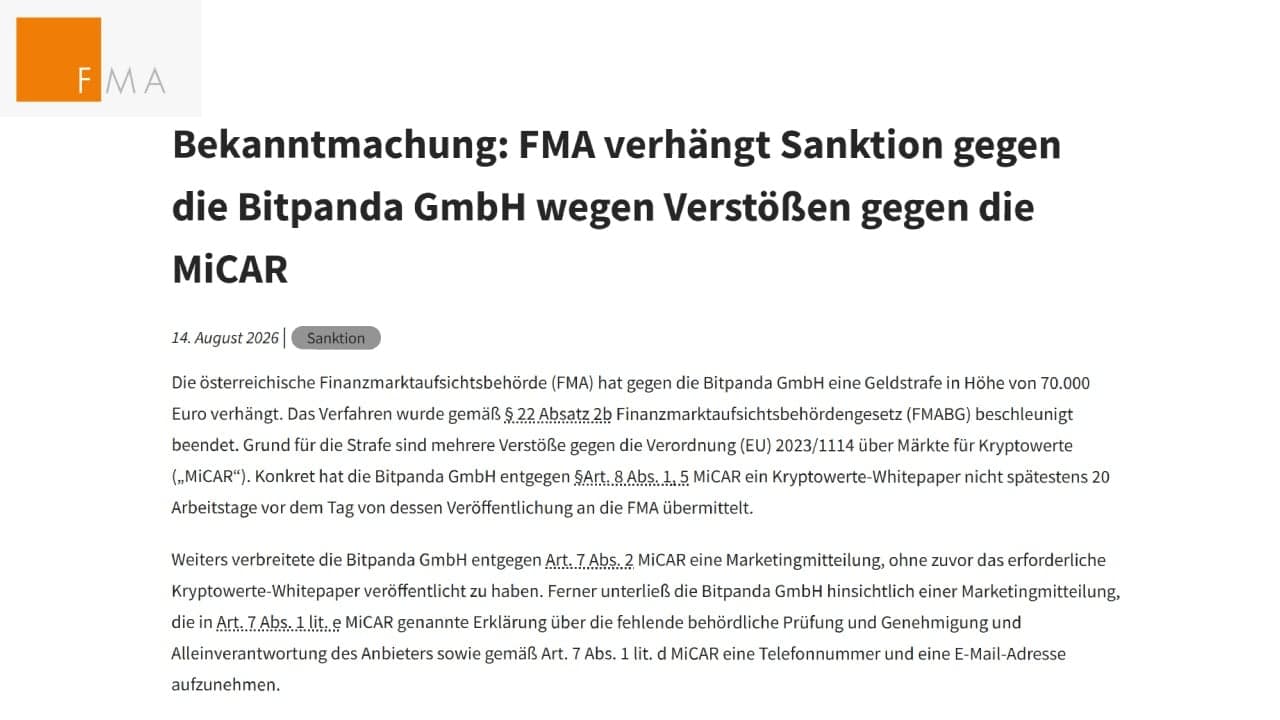 Austria Fines Bitpanda 70,000 Euros in First MiCA Crypto Penalty