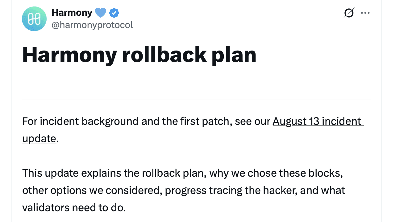 Harmony Protocol to Roll Back Network After Massive Exploit
