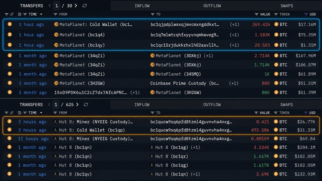 Metaplanet, Hut8 Move $125 Million in Bitcoin off Exchanges