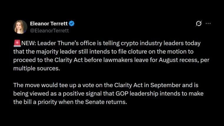 Thune to File Motion to Force September Vote on CLARITY Act