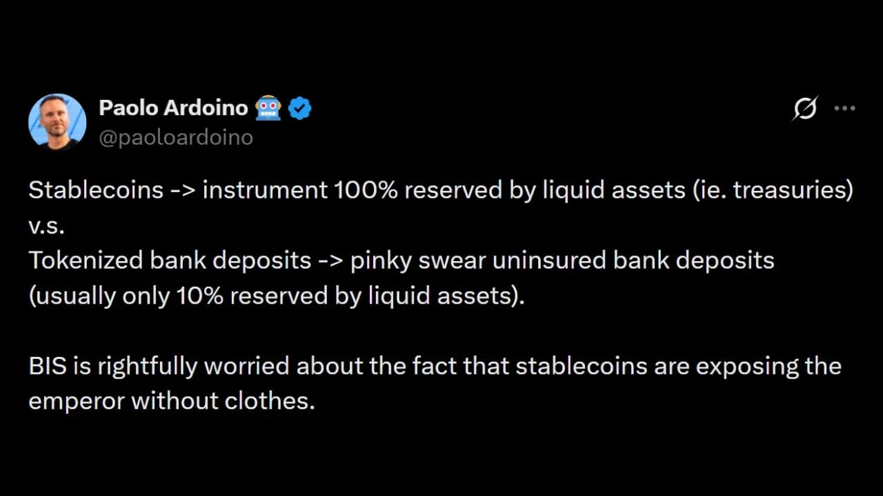 Tether CEO Slams BIS Over Tokenized Bank Deposit Push