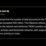 Tron Surpasses 400 Million Accounts as USDT Transfers Near $30 Trillion