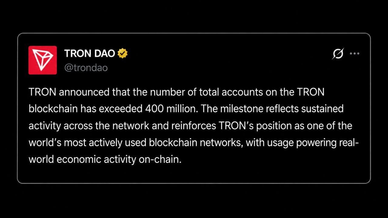 Tron Surpasses 400 Million Accounts as USDT Transfers Near $30 Trillion