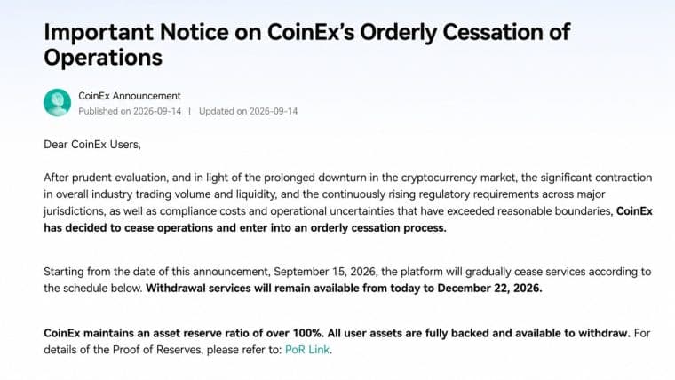 Coinex kończy działalność po 9 latach, a jego założyciel nie zamierza go sprzedać