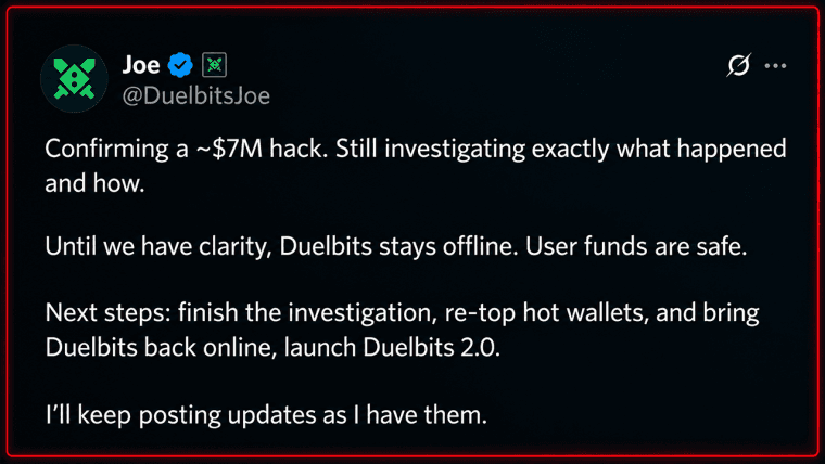 Crypto Casino Duelbits Hit With $7M Hack, Taken Offline