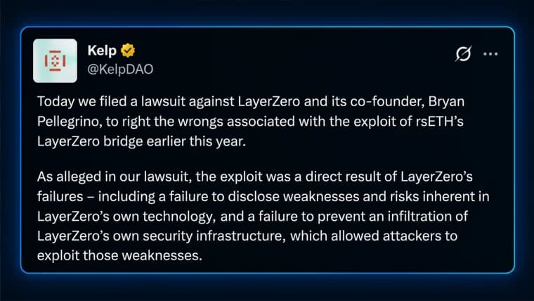 KelpDAO, 2억 9,200만 달러 규모의 브리지 사고와 관련해 Layerzero를 상대로 소송 제기