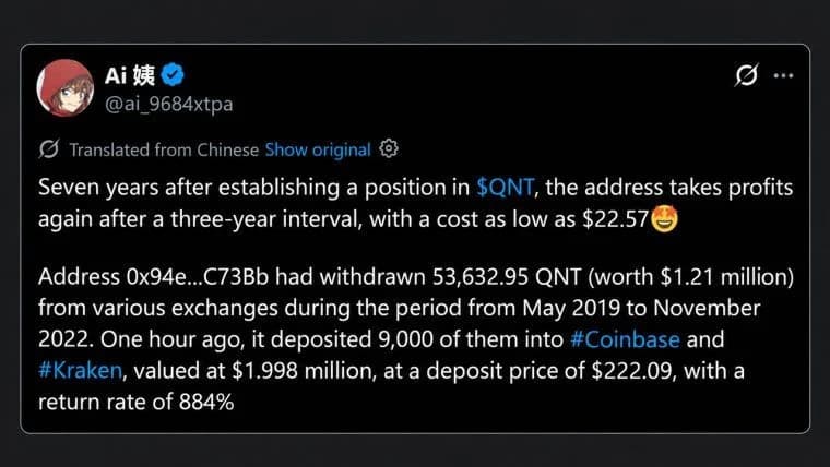 На этой неделе цена Quant достигла 373 долларов, после чего крупный инвестор 2019 года реализовал свои активы на сумму 2 миллиона долларов