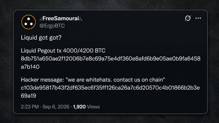 'พวกเราคือไวท์แฮต': เกือบ 4,000 BTC ถูกดูดออกจาก Liquid Peg ของ Blockstream