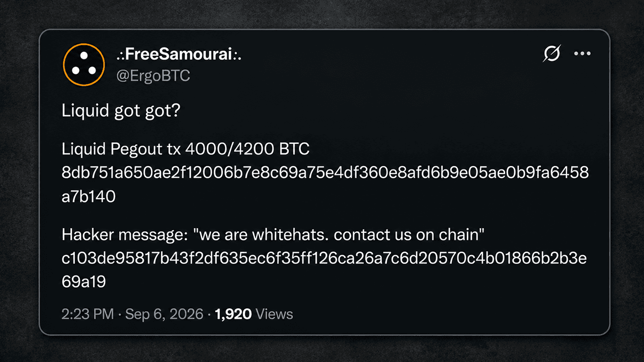 'We Are Whitehats': Nearly 4,000 BTC Drained From Blockstream's Liquid Peg