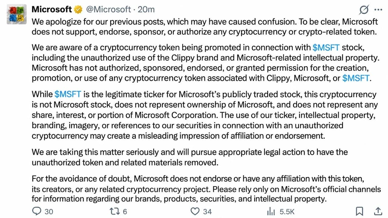 La cuenta «X» de Microsoft fue pirateada para promocionar la «meme coin» de Clippy