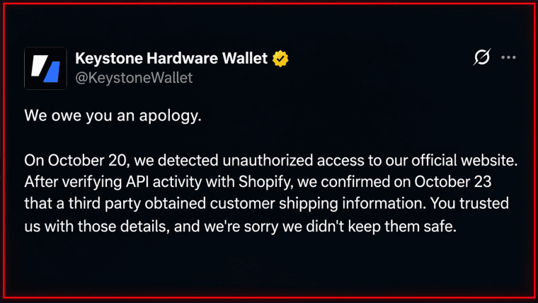 Keystone Wallet Data Breach Exposes Buyers’ Addresses to Scammers