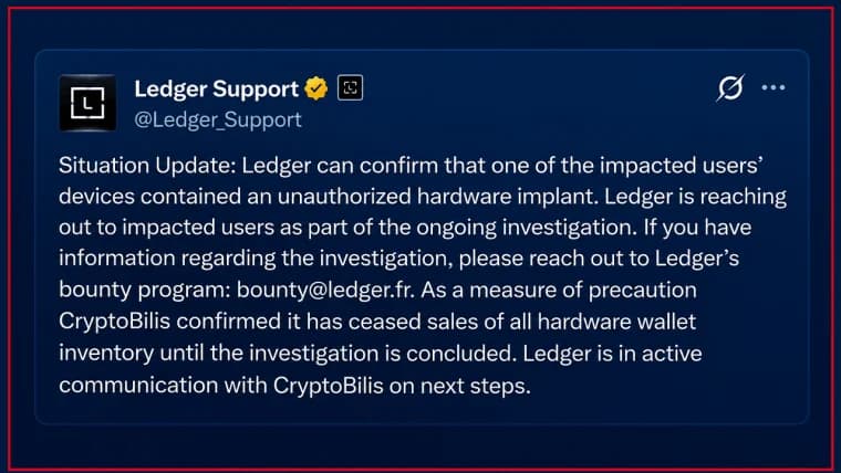 Ledger Confirms Hidden Hardware Implant in Affected User's Wallet