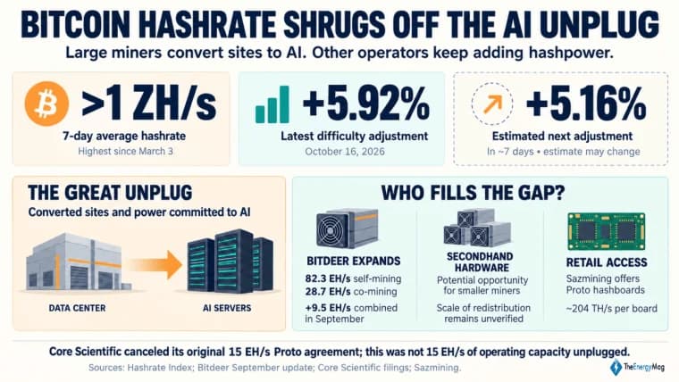 Miner Weekly: Bitcoin Hashrate Shrugs off the AI Unplug, Regaining 1 ZH/s Level