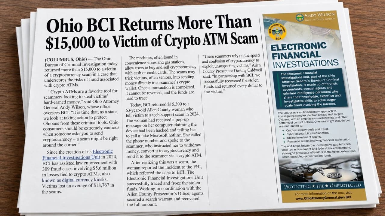 Ohio rend 15 300 $ à un distributeur crypto après arnaque Microsoft