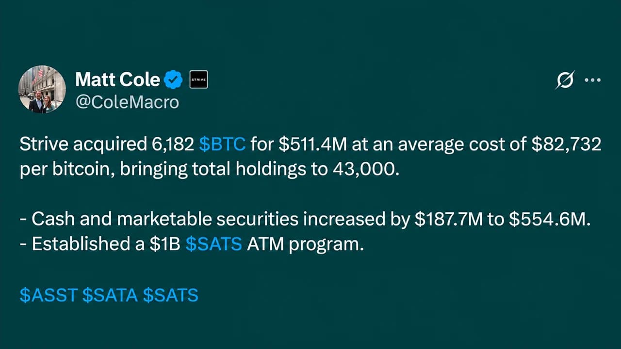 Strive acquista 6.182 Bitcoin, riserve totali a 43.000 BTC