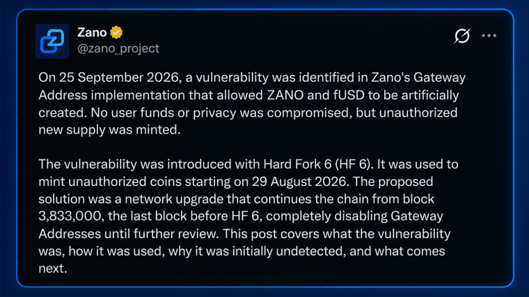 Zano Says Over $200M in Illicit Tokens Led to 30-Day Blockchain Rewind