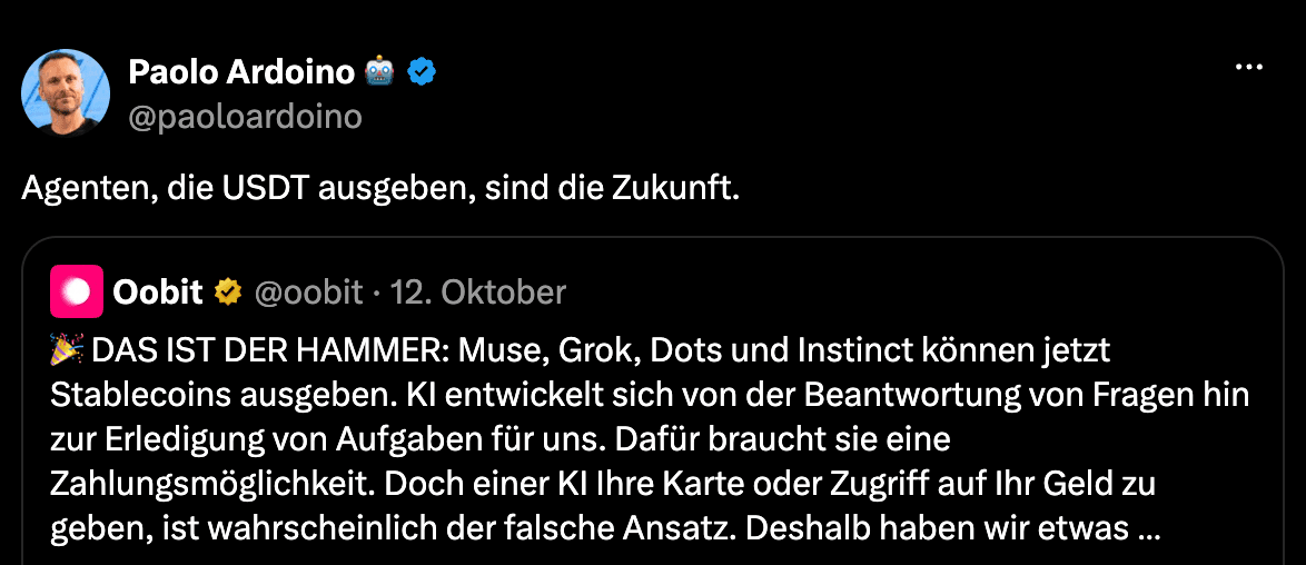 Tether-Chef: „KI-Agenten werden künftig USDT ausgeben“