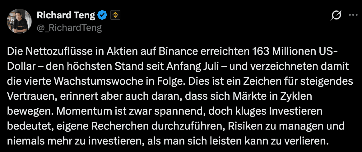 Binance-Co-Chef: Aktien-Zuflüsse auf Hoch seit Juli