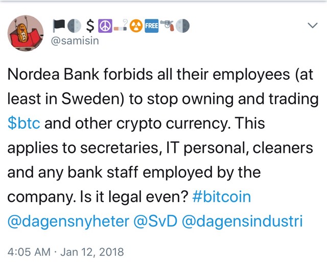 Sweden’s Nordea Bank Allegedly Forbids Employees from Owning, Trading Cryptocurrency
