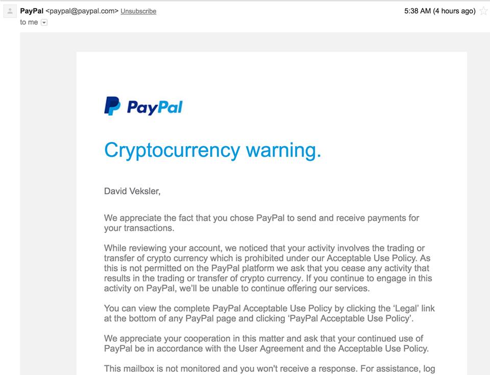 Paypal Users Receive Cryptocurrency Warning Email