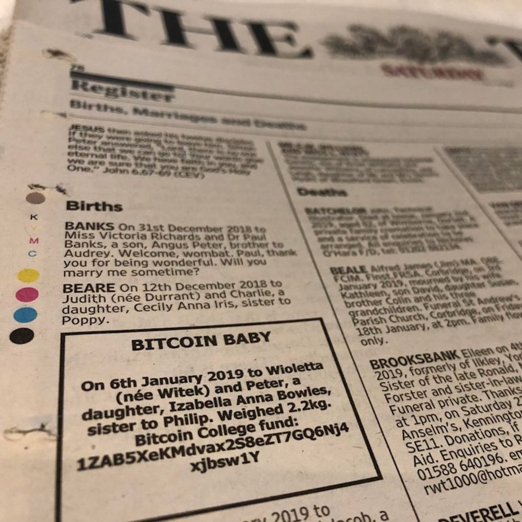Newspaper Ad Seeks Donations for Bitcoin Baby’s College Fund
