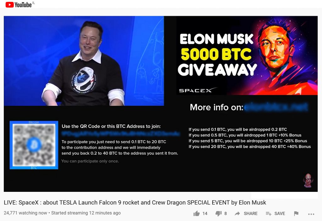 Spacex Bitcoin Scam Features BTC Giveaway, Elon Musk, and NASA Launch