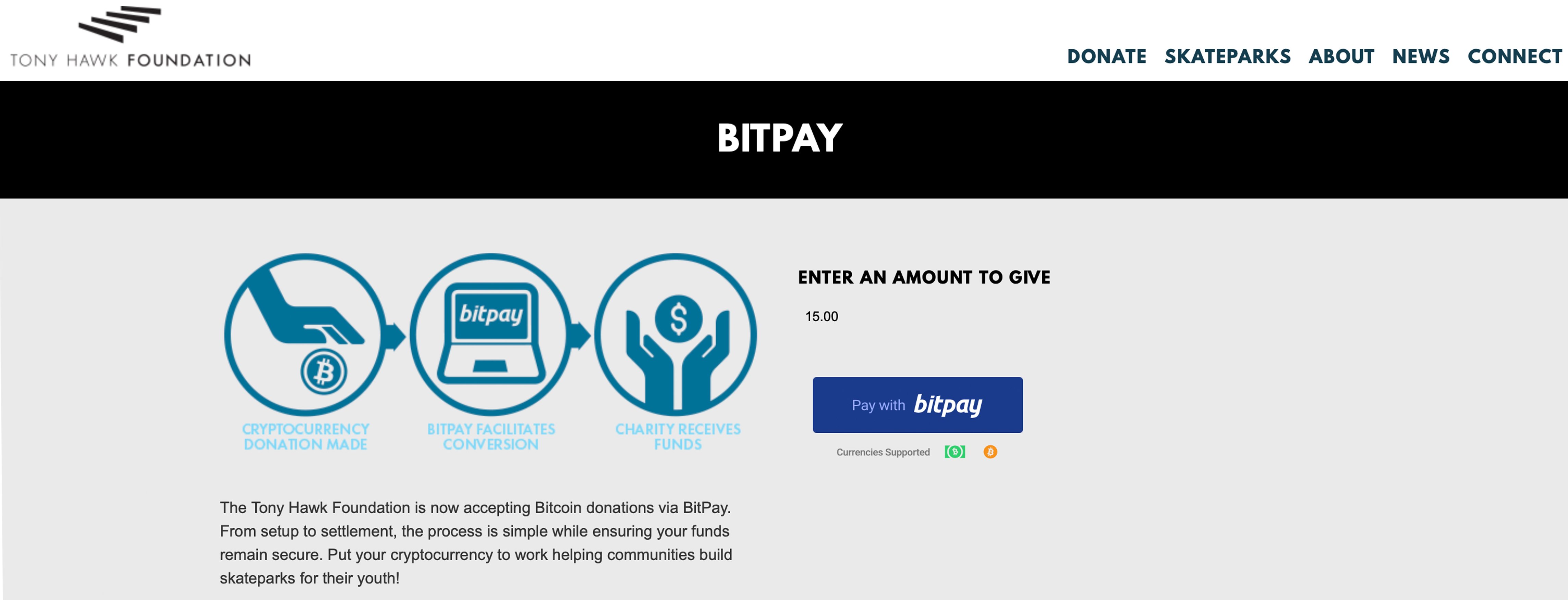 Tony Hawk Foundation Added to Bitpay's 100 Crypto Supporting Nonprofits