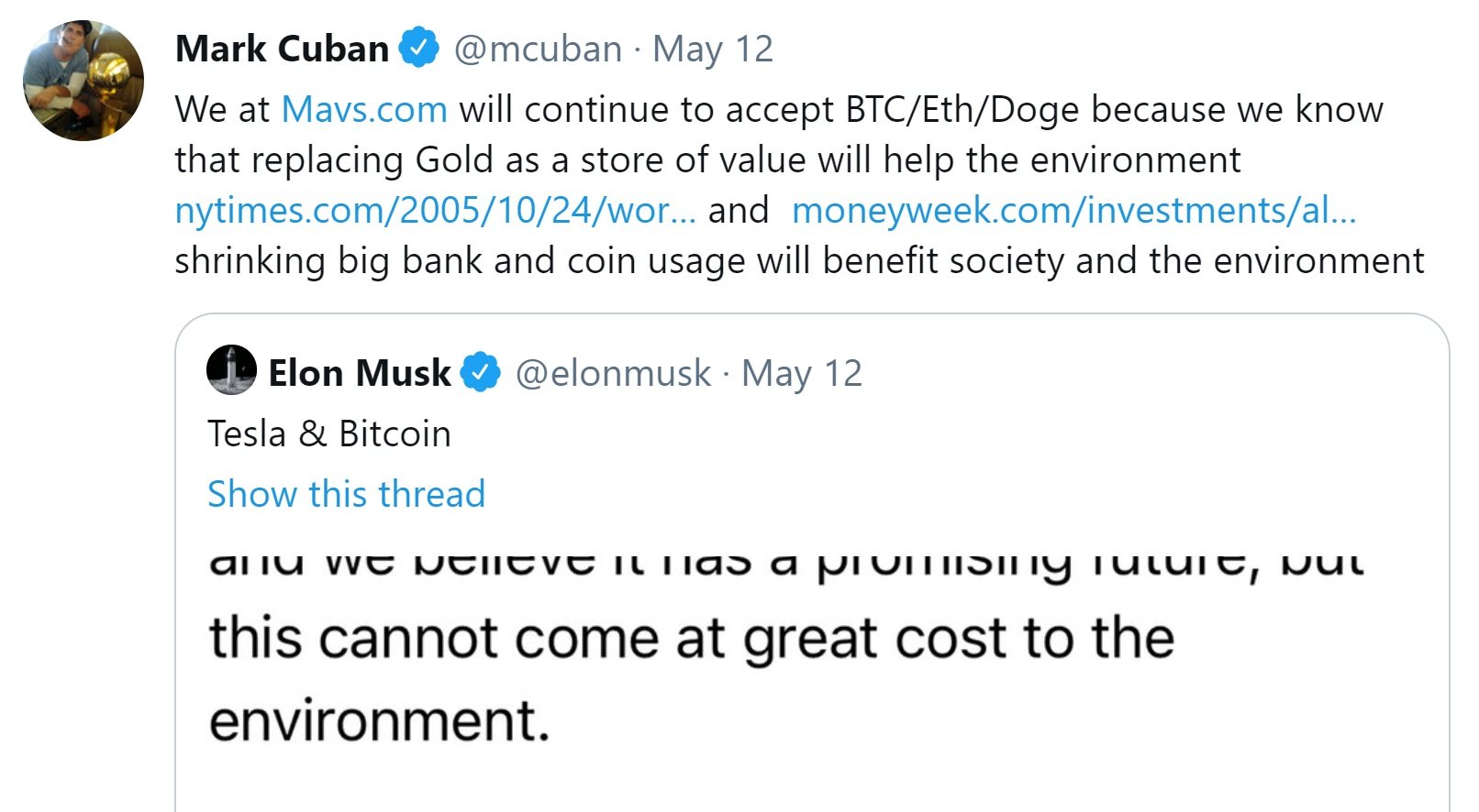 Mark Cuban a Elon Musk: Aceptar Bitcoin realmente beneficiará al medio ambiente