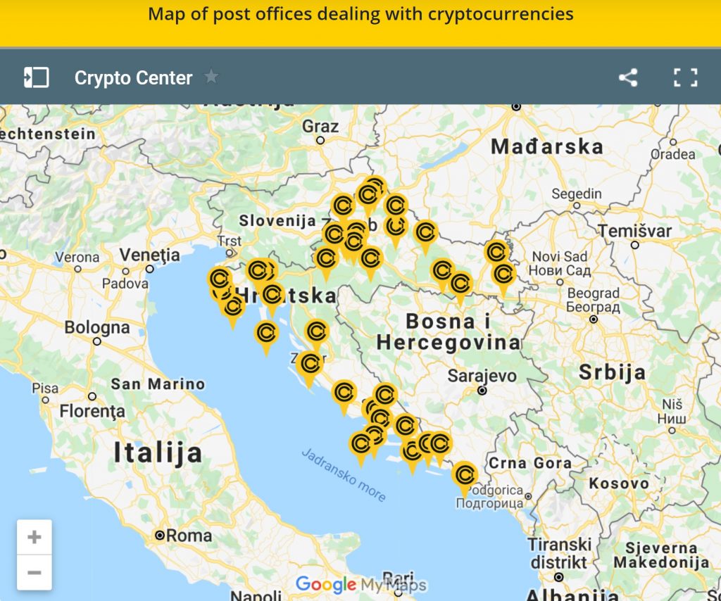 Карта филиалов Почты Хорватии с криптографическим сервисом, указанным на сайте Почты.