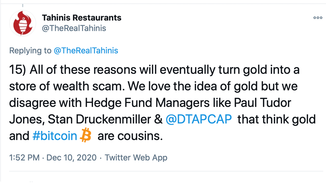 Restaurant Chain That Converted Cash Reserves Into Bitcoin Says Gold's Safe Haven Days Are Numbered