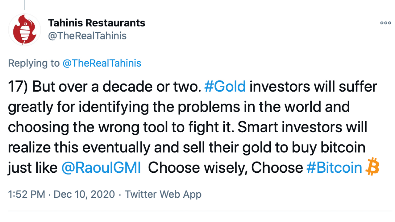 Restaurant Chain That Converted Cash Reserves Into Bitcoin Says Gold's Safe Haven Days Are Numbered